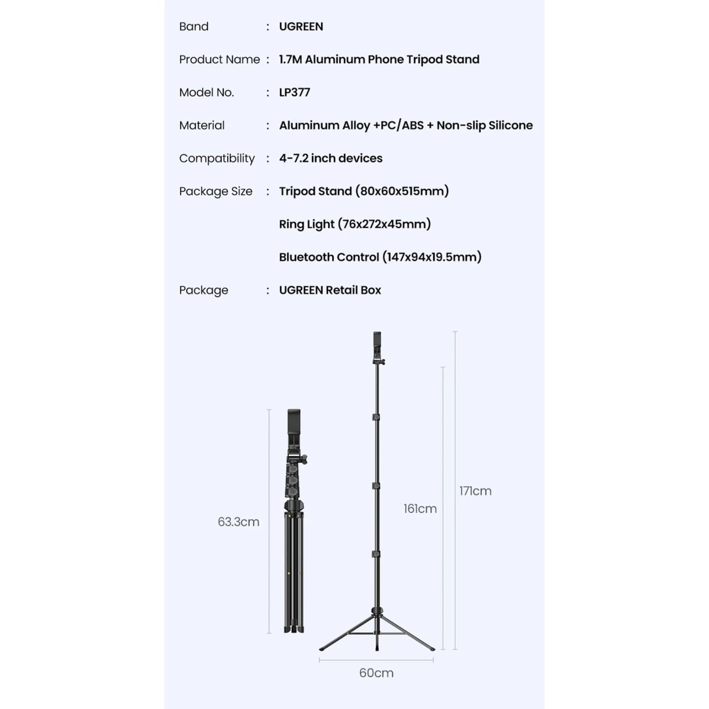 Ugreen 1.7M Foldable Aluminum Phone Tripod Stand Gopro Iphone Samsung Xiaomi 301635