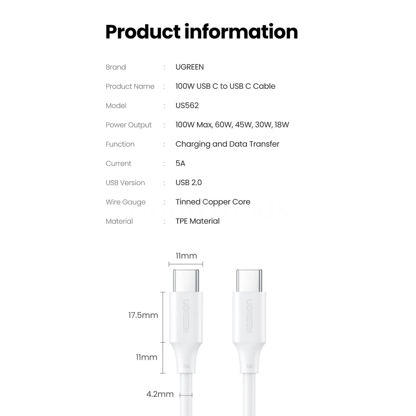 Ugreen 100W Usb C Cable Macbook Pro Samsung Galaxy 5A Fast Charging E-Marker 301635