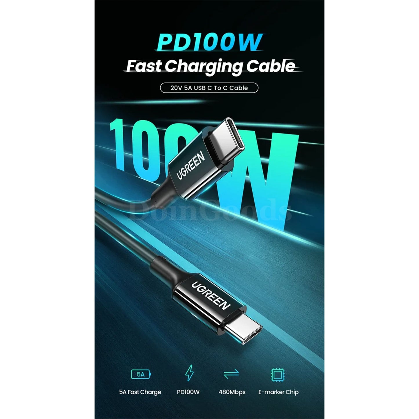 Ugreen 100W Usb Type C Cable Macbook Samsung Xiaomi 1.5M 5A E-Marker Chip Fast 301635