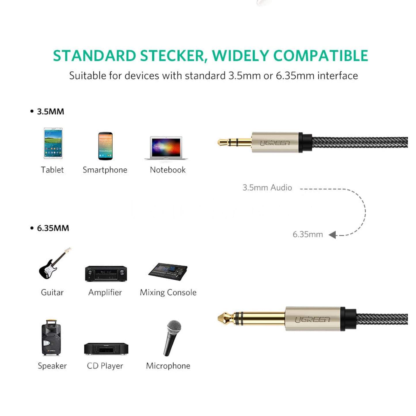 Ugreen 1/8 To 1/4 Inch Stereo Plug Cable Male 3.5Mm 6.35Mm Jack Audio Cord 301635