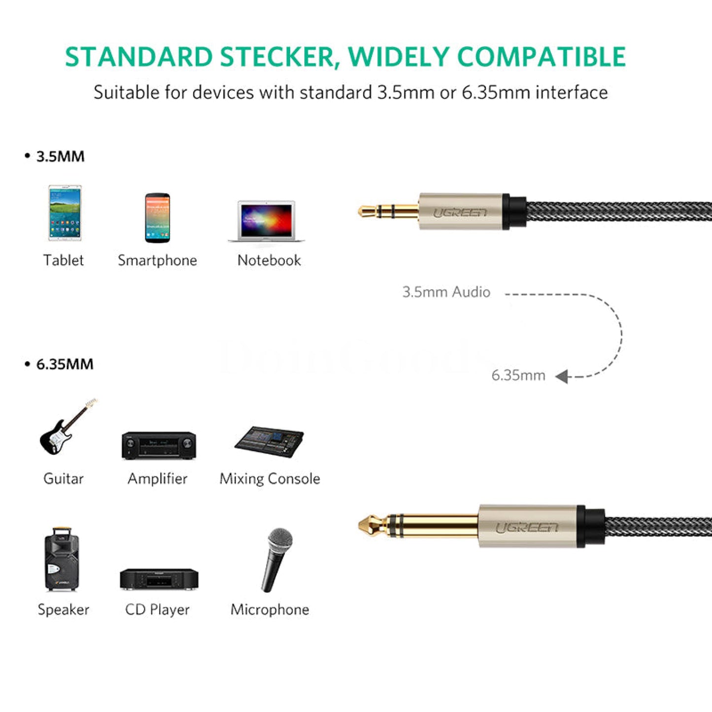 Ugreen 1/8 To 1/4 Inch Stereo Plug Cable Male 3.5Mm 6.35Mm Jack Audio Cord 301635
