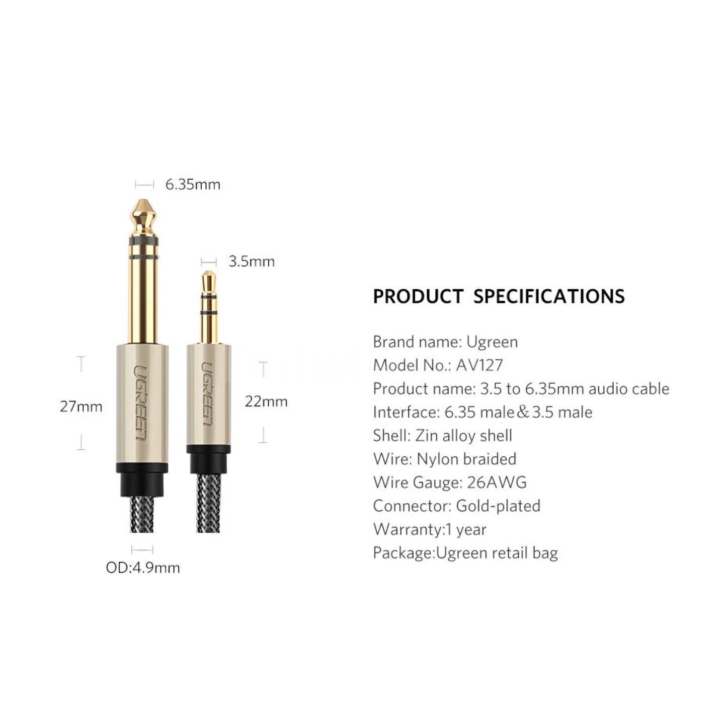 Ugreen 1/8 To 1/4 Inch Stereo Plug Cable Male 3.5Mm 6.35Mm Jack Audio Cord 301635