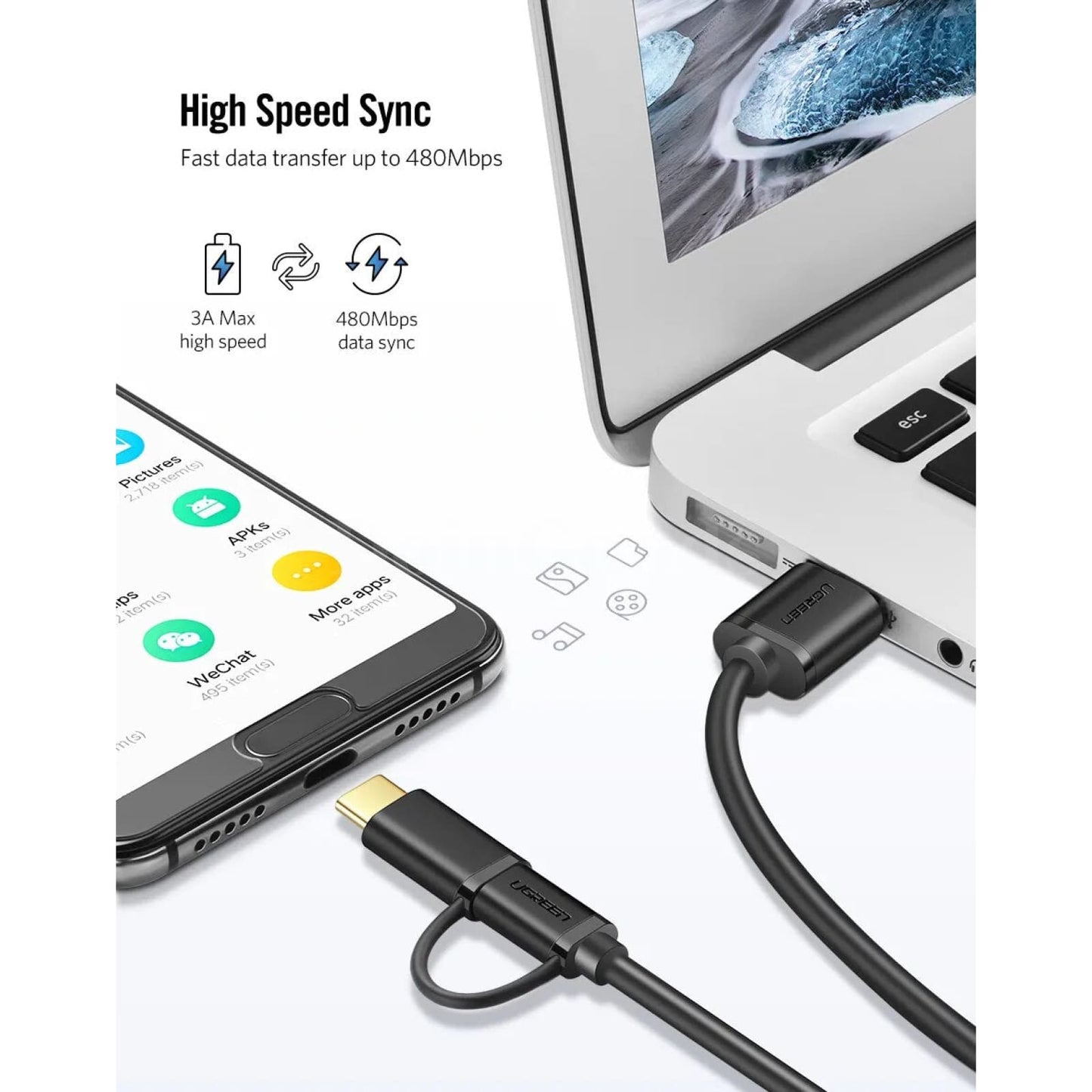 Ugreen 2-In-1 Usb Type C And Micro Cable For Samsung Galaxy S10 S9 Plus Fast Charging 301635