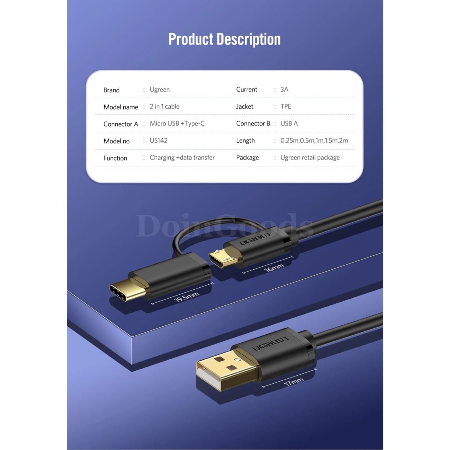 Ugreen 2-In-1 Usb Type C And Micro Cable For Samsung Galaxy S10 S9 Plus Fast Charging 301635