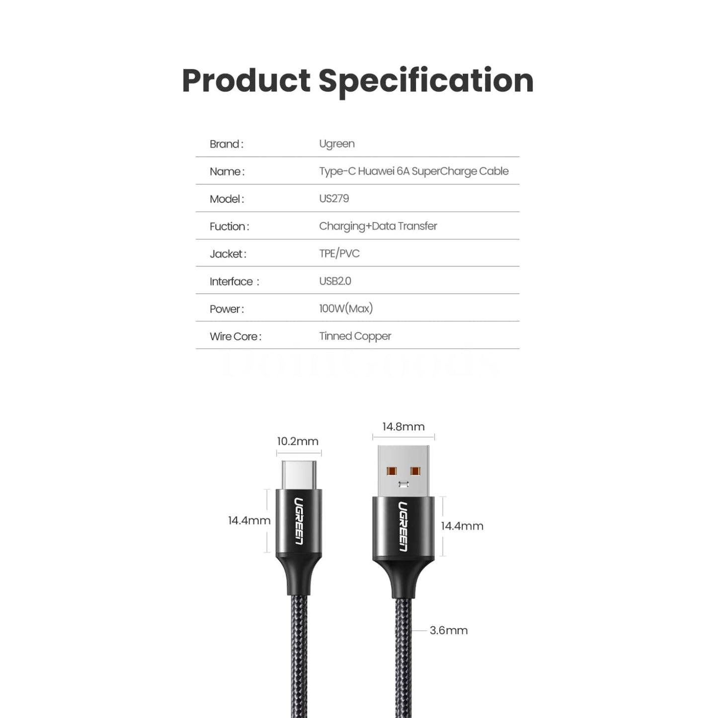 Ugreen 2 Pack Usb Type C 6A 100W Super Charge Cable Huawei P40 Pro Mate P30 301635
