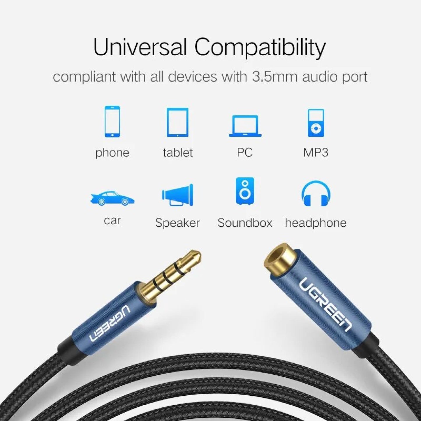 Ugreen 3.5Mm Audio Extension Cable - Stereo Aux Jack For Huawei P20 Lite Xiaomi Redmi 5 Plus Pc