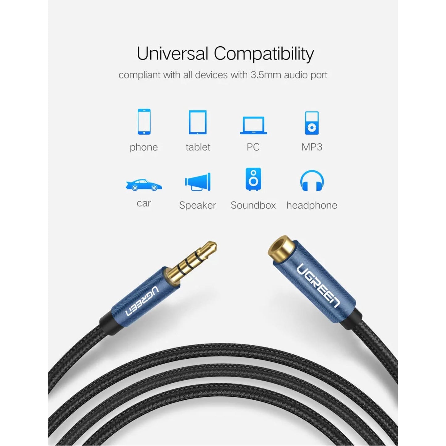 Ugreen 3.5Mm Audio Extension Cable - Stereo Aux Jack For Huawei P20 Lite Xiaomi Redmi 5 Plus Pc