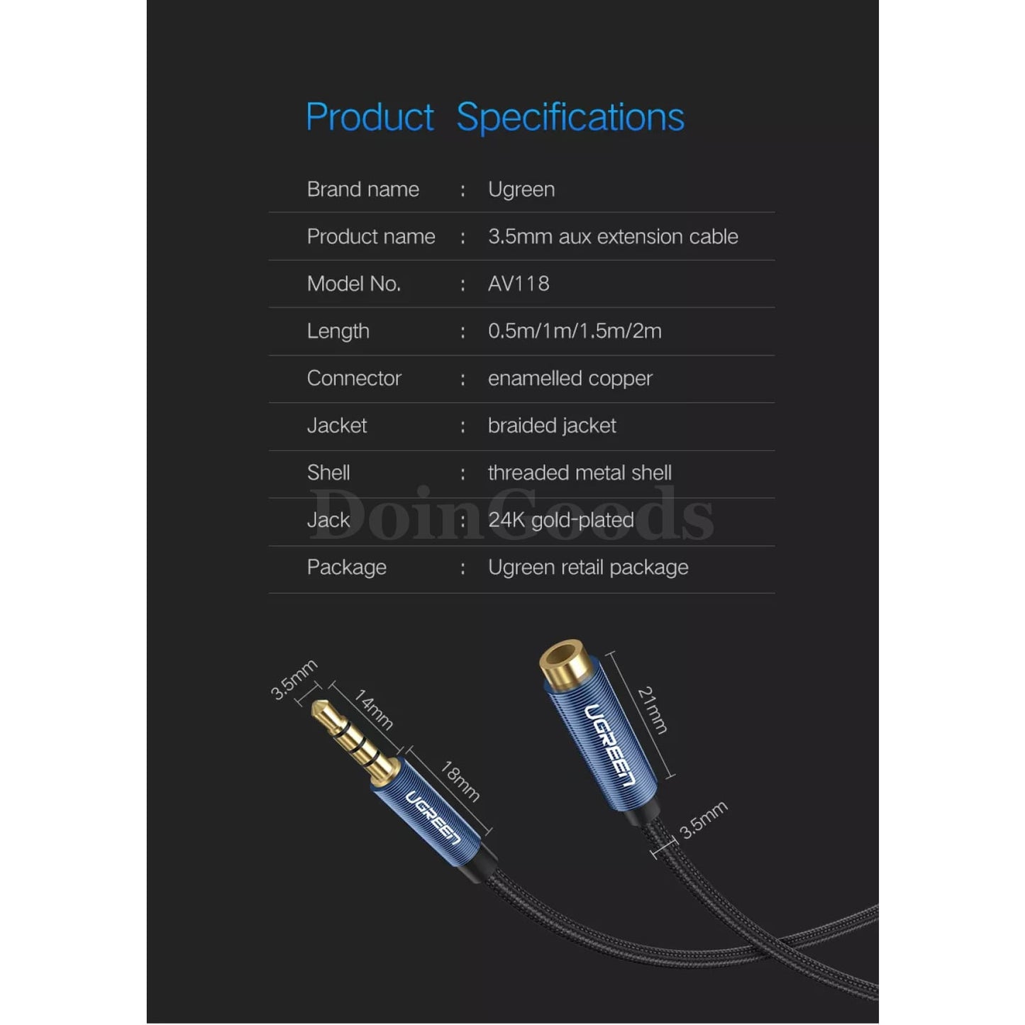 Ugreen 3.5Mm Audio Extension Cable - Stereo Aux Jack For Huawei P20 Lite Xiaomi Redmi 5 Plus Pc
