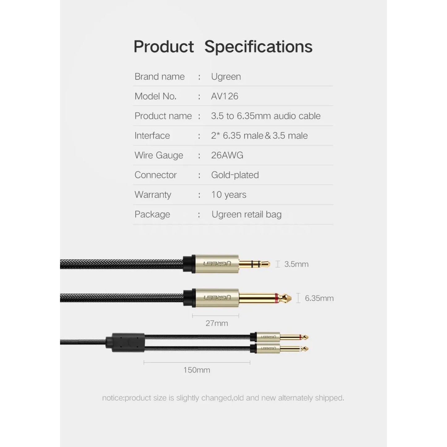 Ugreen 3.5Mm To 6.35Mm Audio Adapter Cable Gold-Plated Jack Male 6.5Mm Mixer Amp 301635