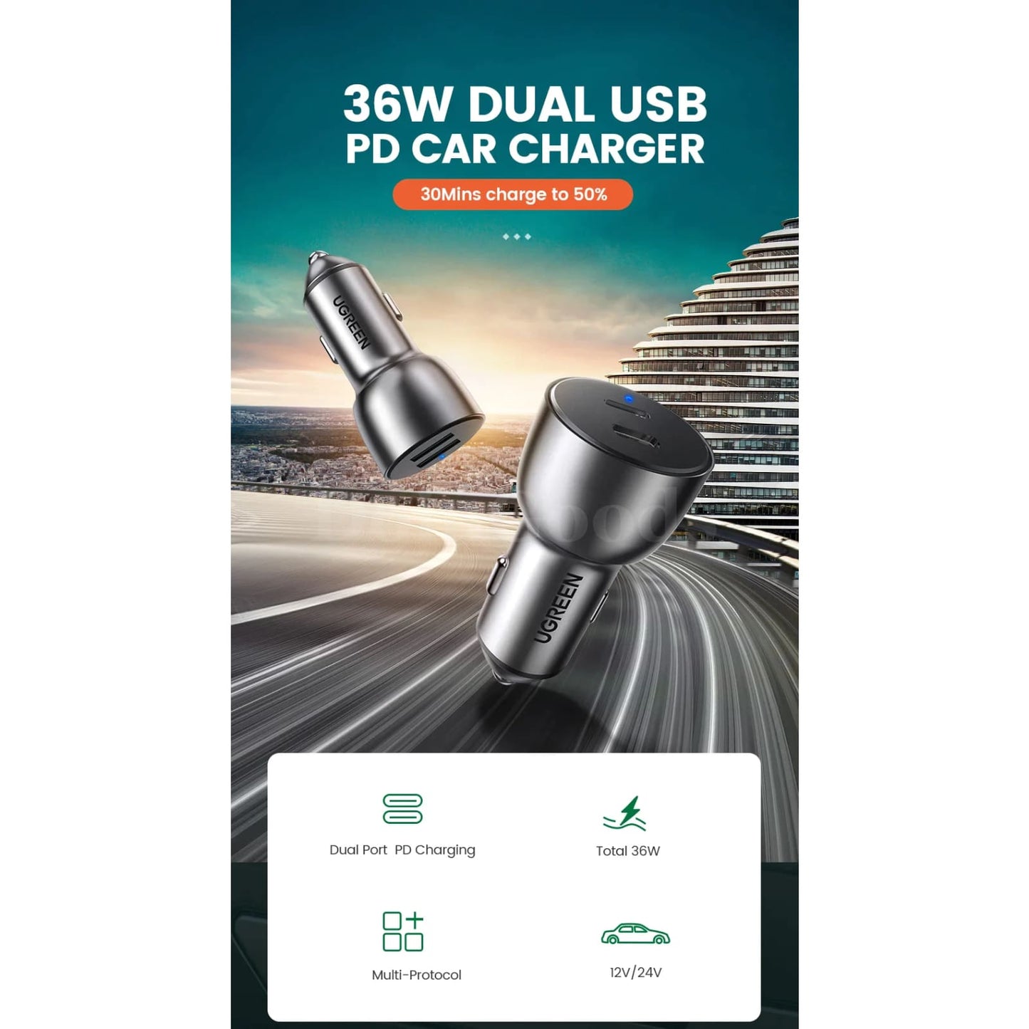 Ugreen 36W Quick Charge 4.0/3.0 Usb Car Charger Type C Pd For Iphone 14 13 12 Xiaomi 301635