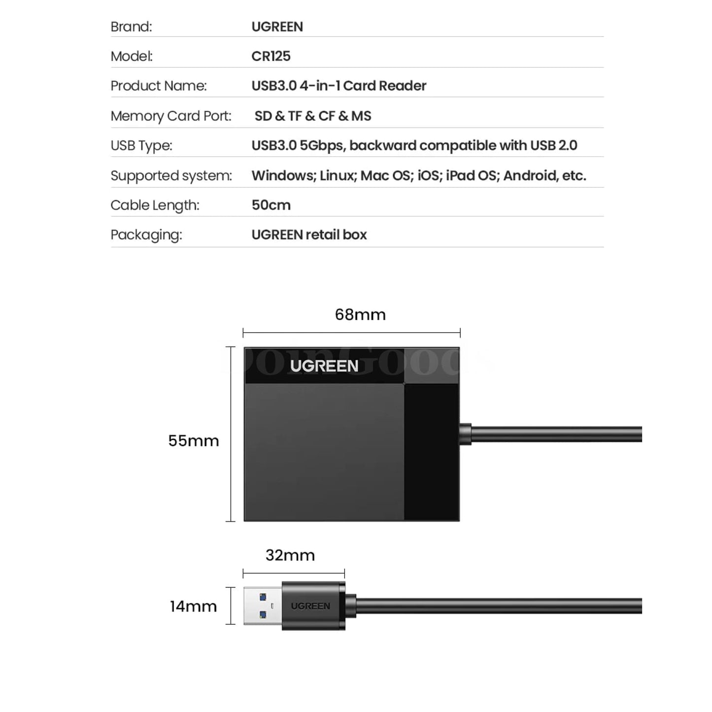 Ugreen 4-In-1 Card Reader - Usb3.0/Usb-C Sd Micro Tf Cf Ms Compact Flash Adapter For Laptop Pc