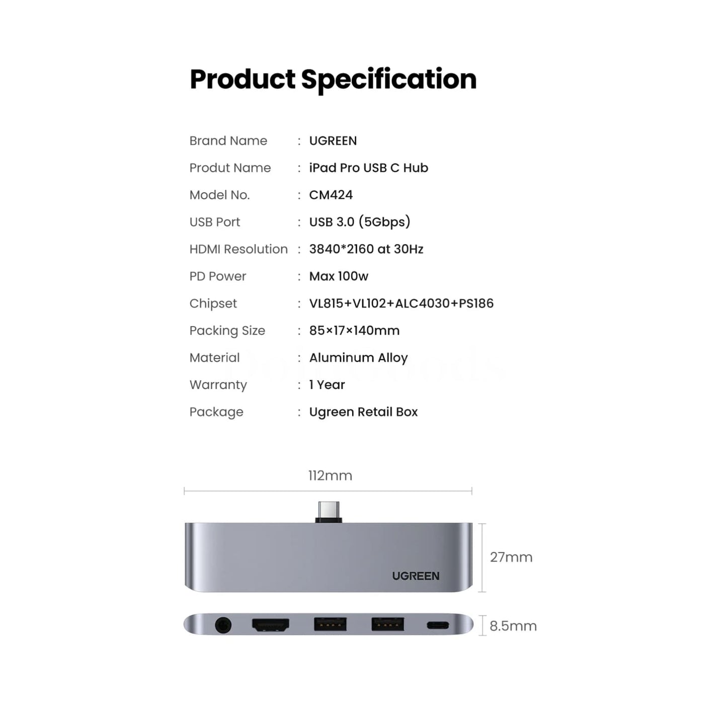Ugreen 4K@60Hz Usb Type C 3.1 Hub Hdmi 2.0 3.0 Pd 100W 3.5Mm Ipad Pro Air 301635