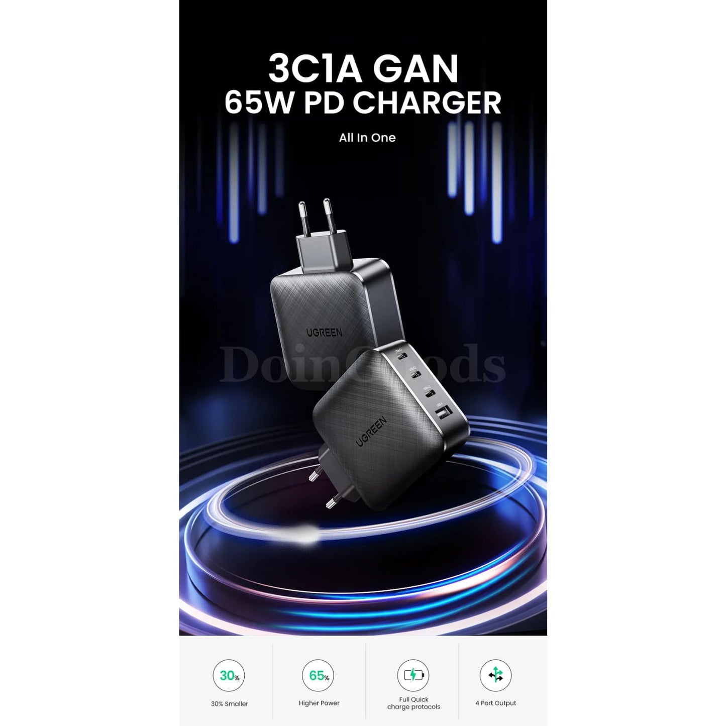 Ugreen 65W Gan Charger Quick Charge 4.0/3.0 Type C Pd For Iphone 15 14 13 Xiaomi 301635