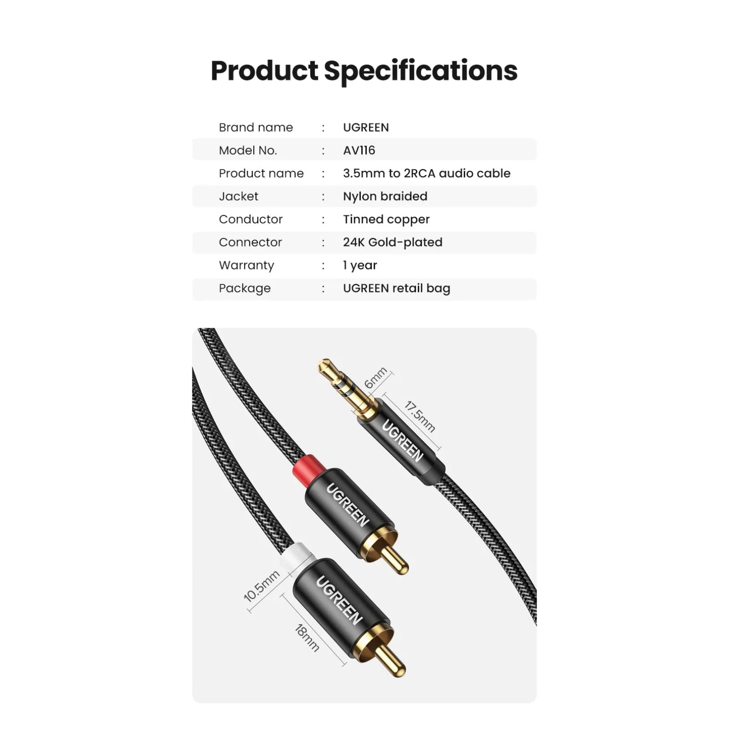Ugreen Hifi Stereo Rca Cable - 2Rca To 3.5Mm Audio Aux With Y Splitter 301635