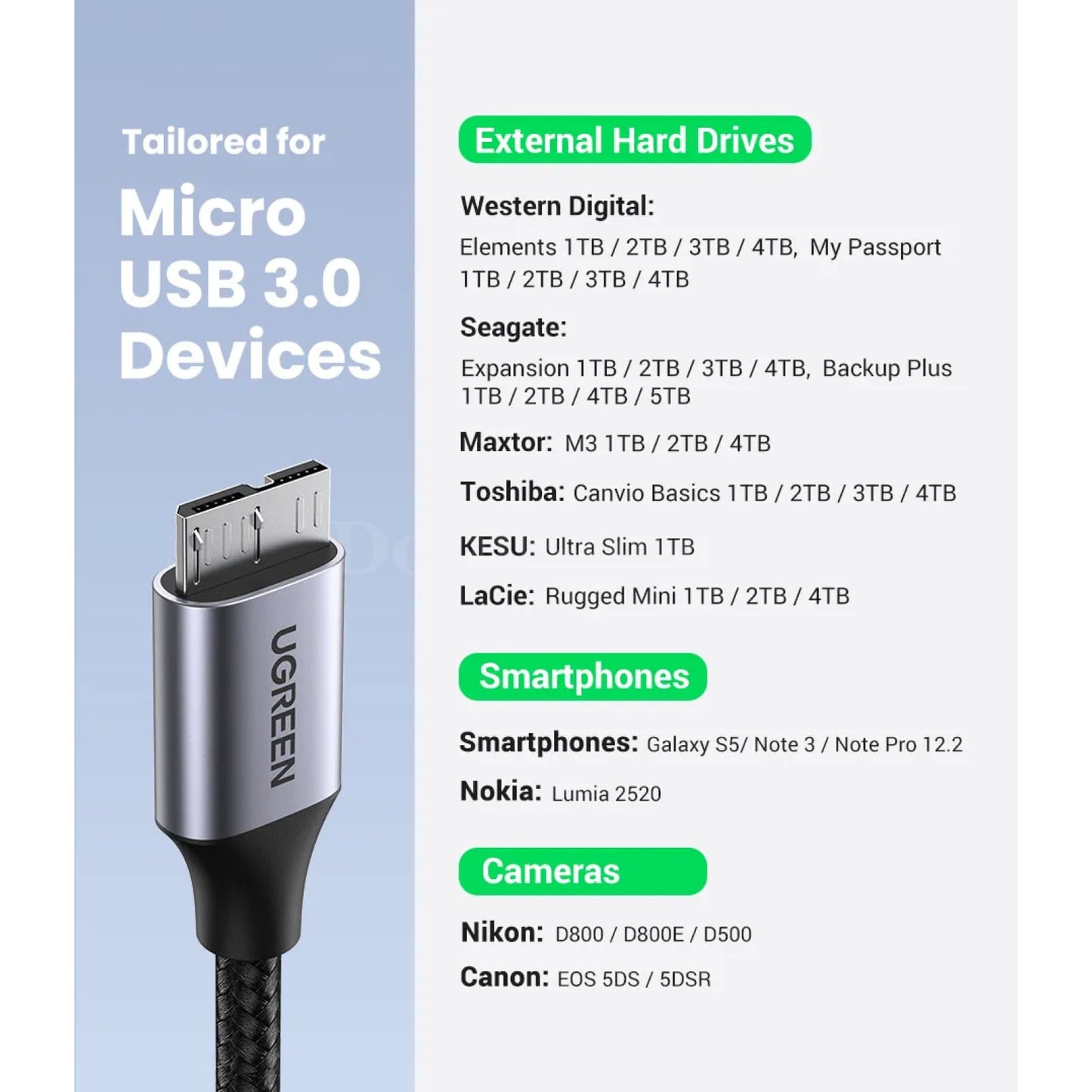Ugreen Micro B Usb 3.0 Cable - 3A Fast Charging 5Gbps Data Transfer External Hdd And Ssd 301635