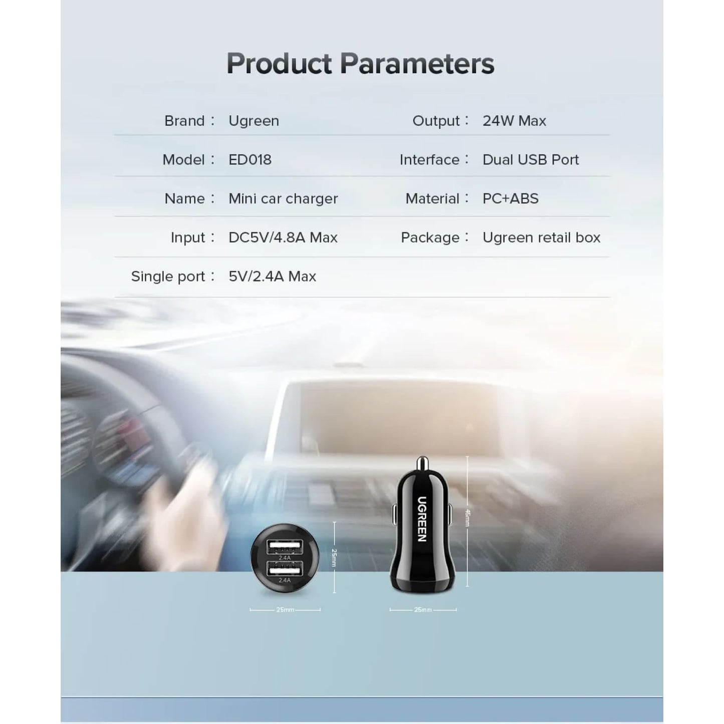 Ugreen Mini Dual Usb Car Charger For Mobile Phone Tablet Gps 4.8A Fast Adapter 301635