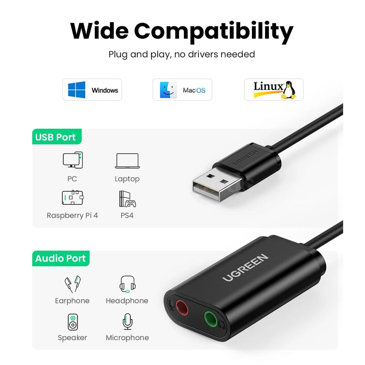 Ugreen Usb Sound Card - External 3.5Mm Adapter For Microphone And Speaker Audio Interface 301635