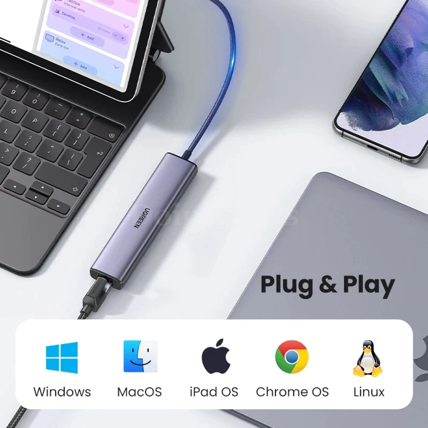 Ugreen Usb Type C Hub 1000Mbps Ethernet Usb-C To Usb3.0 Rj45 For Macbook Laptop 301635
