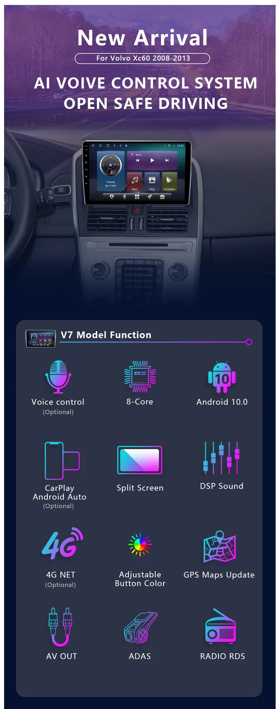 Roadwise Multimedia Player Android Car Radio For Volvo XC60 que 1 2008 2009 2010 2012 2013 4G GPS BT Carplay 2din DVD autoStereo