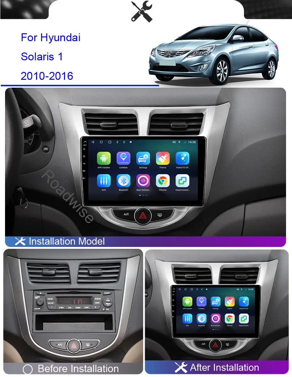 Roadwise 8+256 Android 13 Car Radio For Hyundai Solaris Verna Accent 1 2010 - 2016 Multimedia Carplay 4G Wifi GPS DVD Autoradio