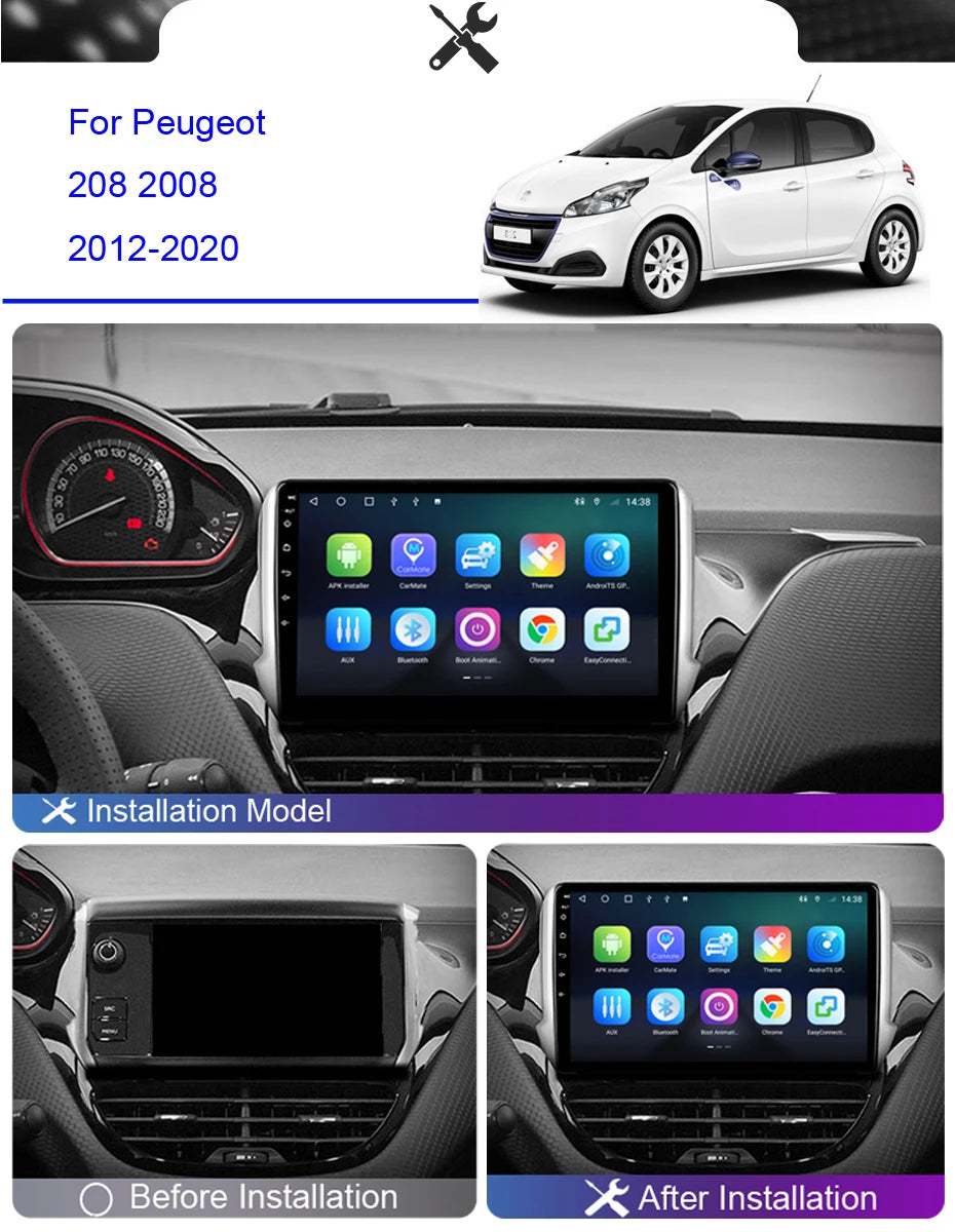 Roadwise 2 din Multimedia Android Car Radio For Peugeot 208 2008 2012 2013 2014 2015 2016 - 2020 4G Wifi GPS DVD BT Carplay 2din