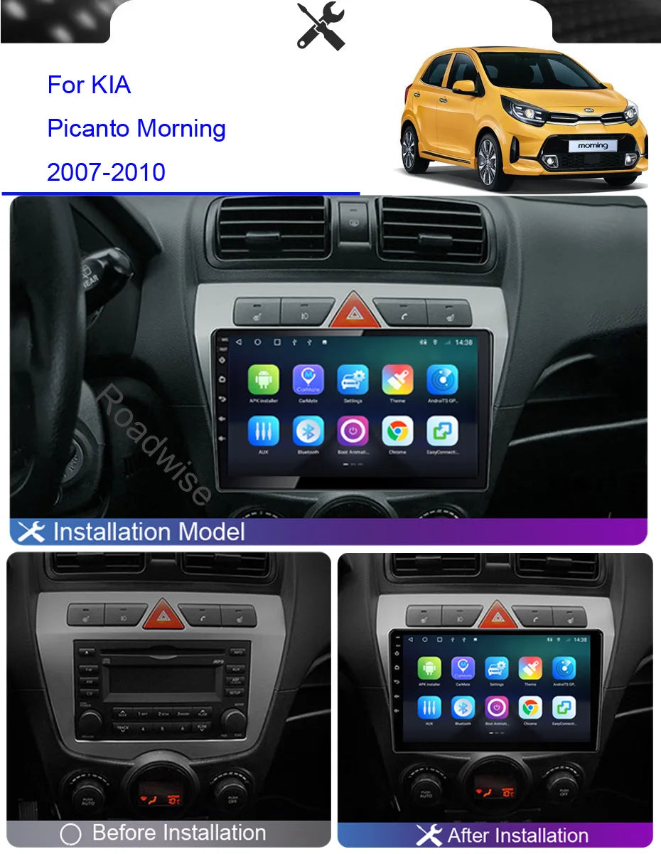 Roadwise 8+256 Android Car Radio For Kia Morning Picanto 2007 2008 2009 2010 Multimedia 4G Wifi GPS DVD 2 Din Carplay Autoradio