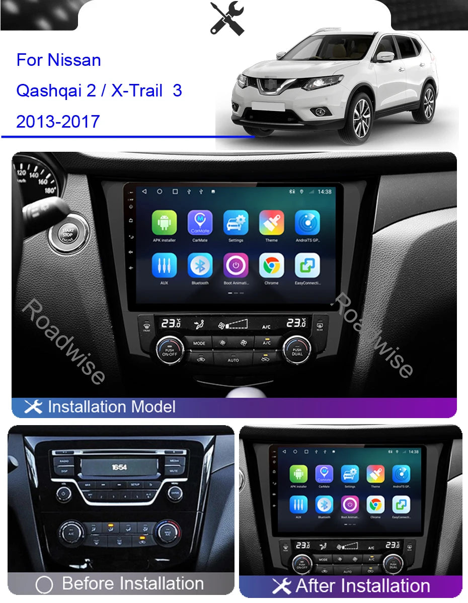 Roadwise Android Car Radio Multimedia Carplay For Nissan Qashqai J11 X-Trail T32 Rogue Dualis 2013-2018 4G Wifi GPS DVD DSP 2Din