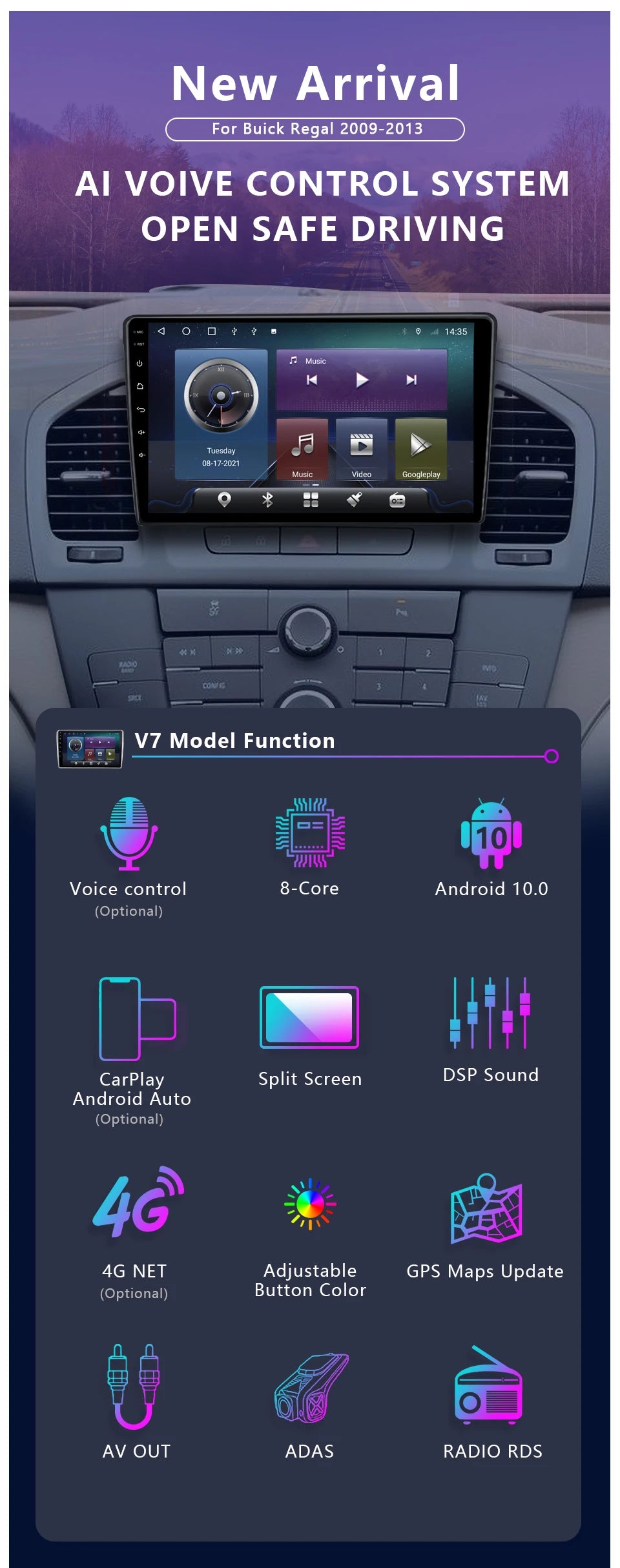 Roadwise Android Car Radio Multimedia Carplay For Buick Regal Opel Insignia 2009 2010 2011 2012 2013 4G GPS DVD 2Din BT Headunit