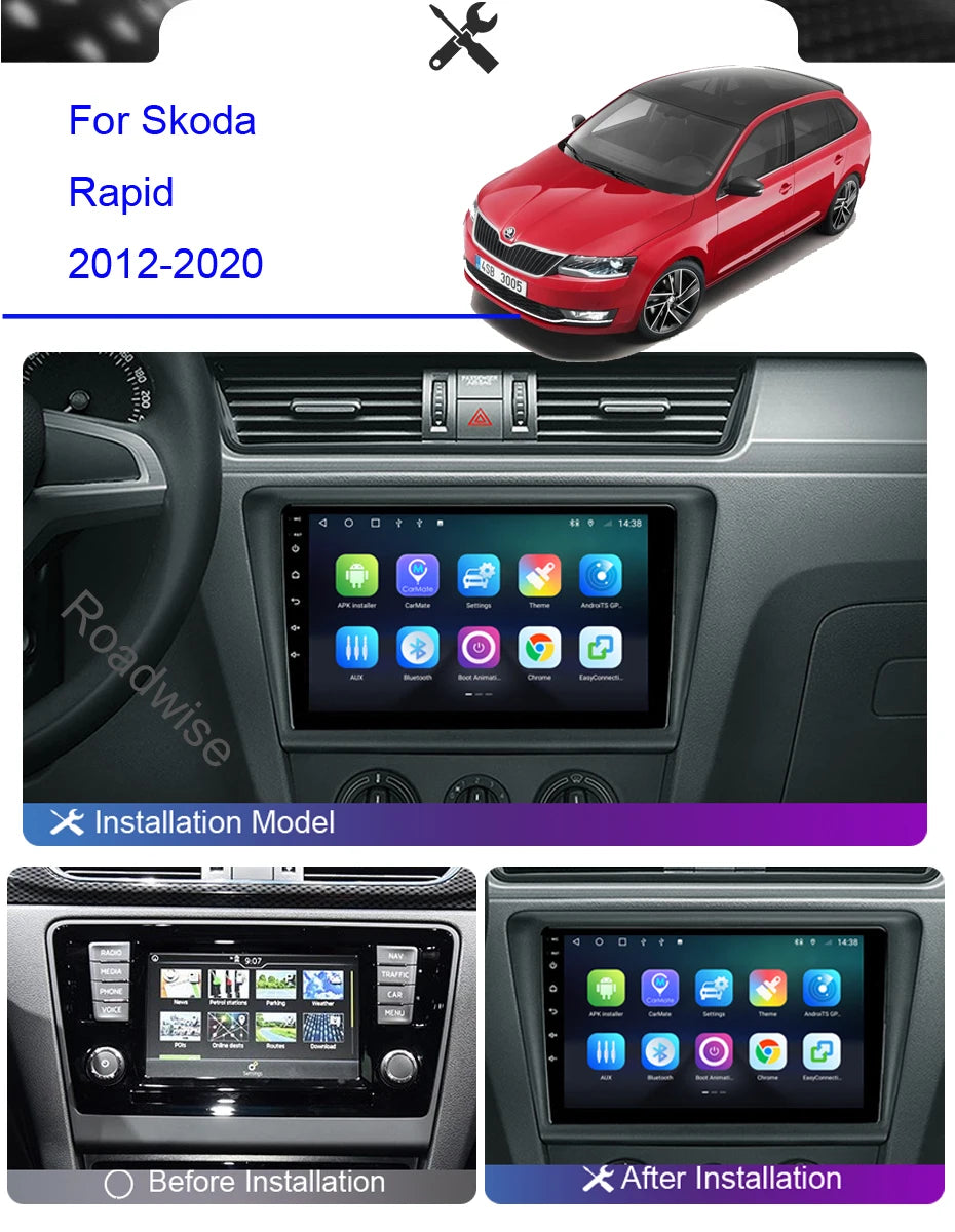 Roadwise Android Auto Radio Multimedia Player For Skoda Rapid 2012 2013 2014 2015 2016 - 2020 4G GPS DVD 2 Din Carplay Head unit