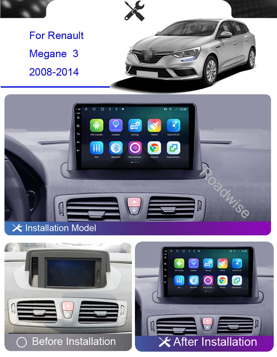 Roadwise Android Car Radio Multimedia CarplayFor Renault Megane 3 Fluence  2008 - 2014 4G Wifi DSP DVD Navi GPS 2 din Autostereo