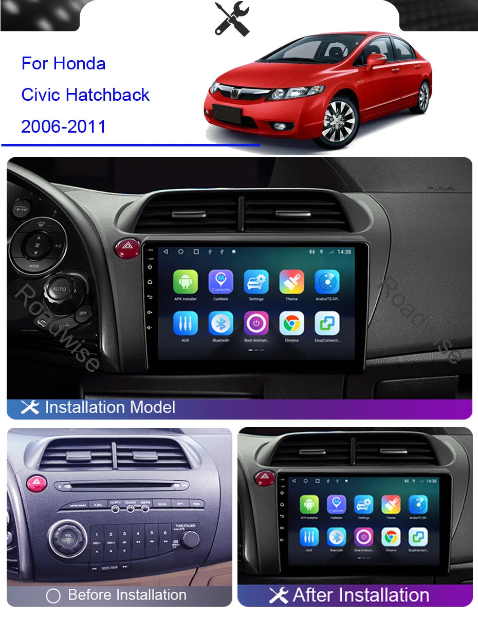 Roadwise Android Car Radio Multimedia Carplay For HONDA Civic Hatchback 2006 2007 2008 2009 2011 4G Wifi GPS DVD 2din Autostereo