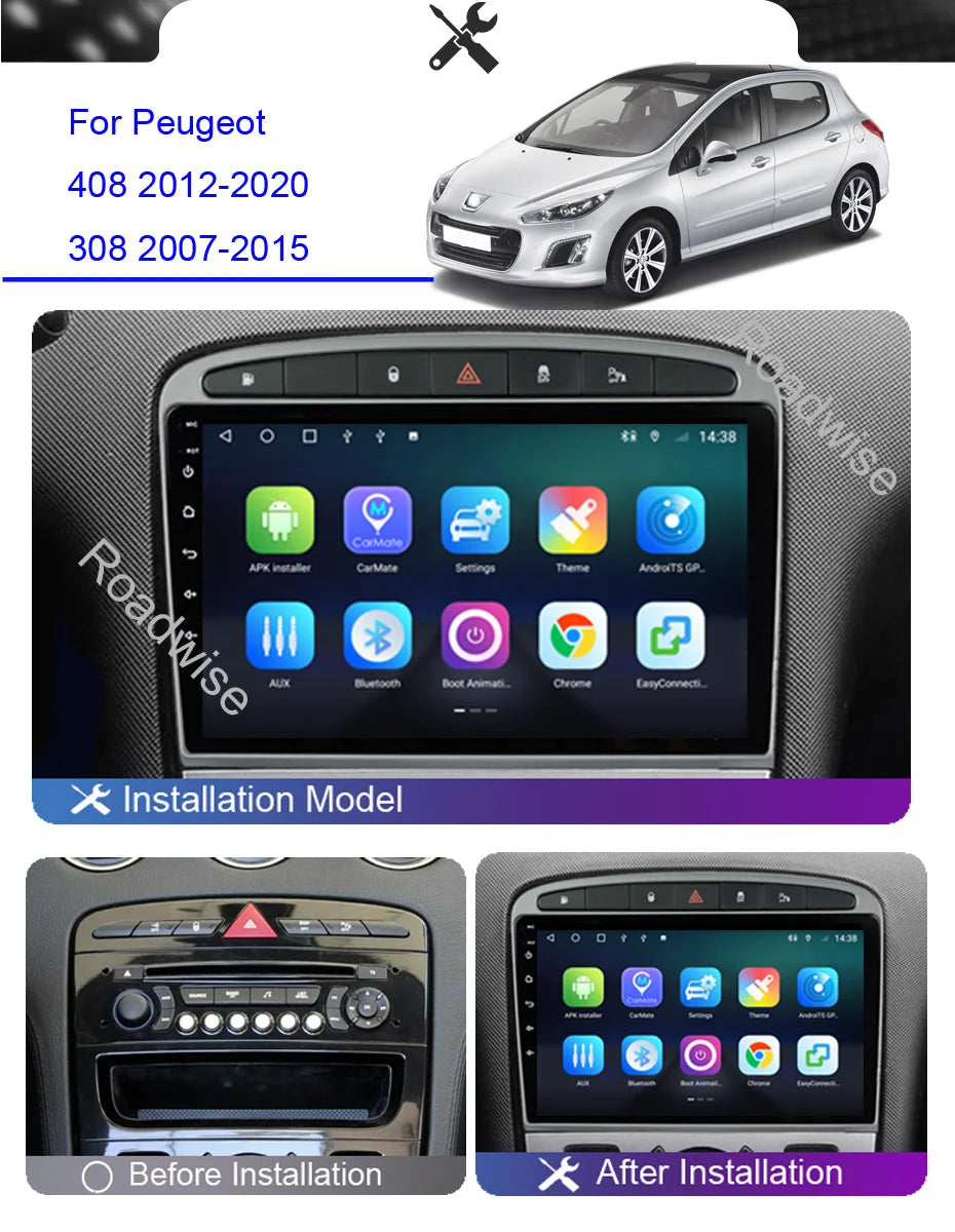 Roadwise Android Auto Radio For Peugeot 408 308 308SW 2007 2008 2009 2010 2012 2013 2014 2015 4G Wifi GPS 2 din DVD Autostereo