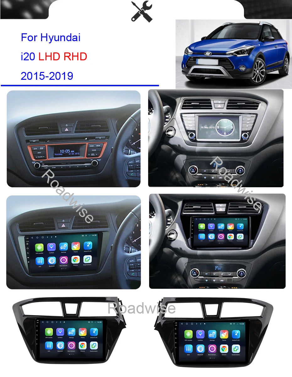 Roadwise 2 din Multimedia Android Car Radio For Hyundai i20 LHD RHD 2015 2016 2017 2018 2019 Carplay 4G Wifi GPS DVD 2din DSP BT