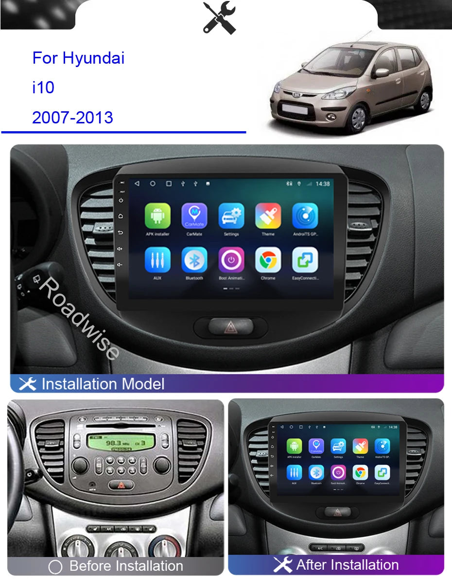 Roadwise 2 din Multimedia Android Car Radio For Hyundai i10 2007 2008 2009 2010 2011 2012 2013 Carplay 4G Wifi GPS DVD 2din DSP