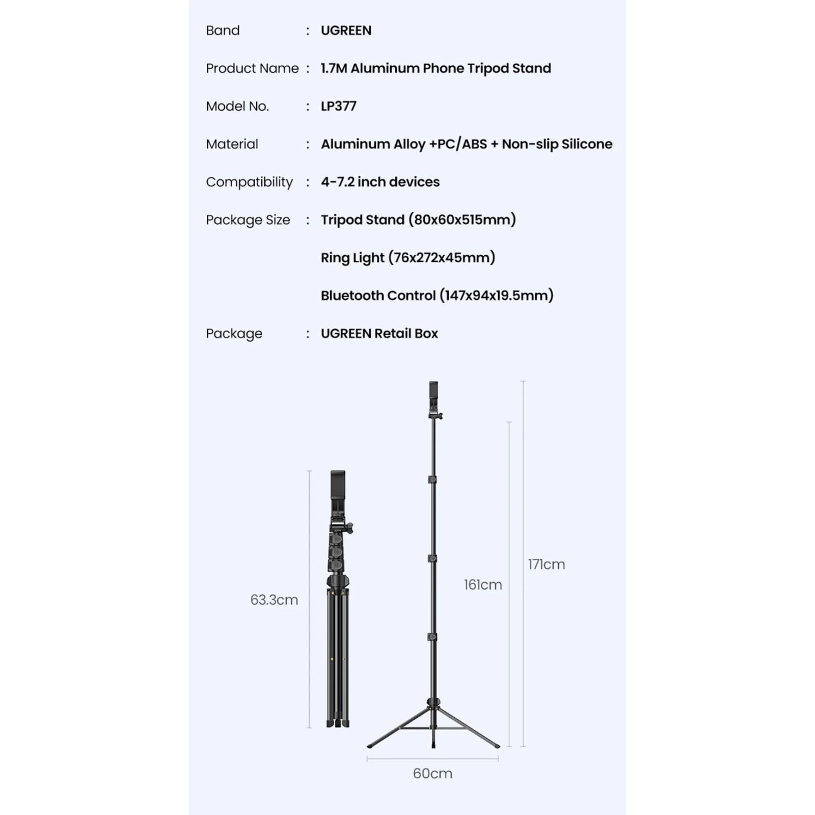Ugreen 1.7M Foldable Aluminum Phone Tripod Stand Gopro Iphone Samsung Xiaomi 301635