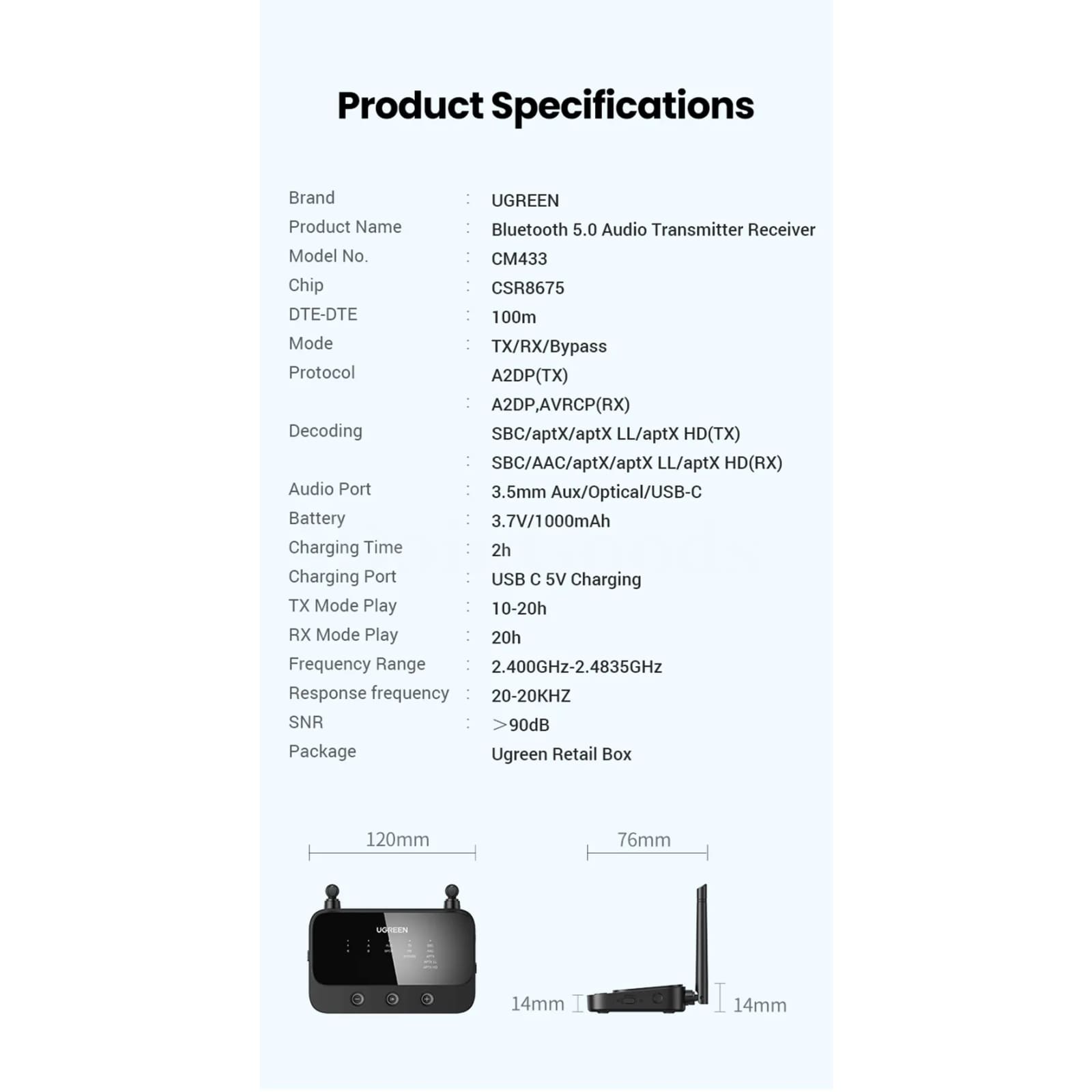 Ugreen 100M Long Range Bluetooth 5.0 Transmitter Receiver Aptx Ll Hd Tv Home 301635