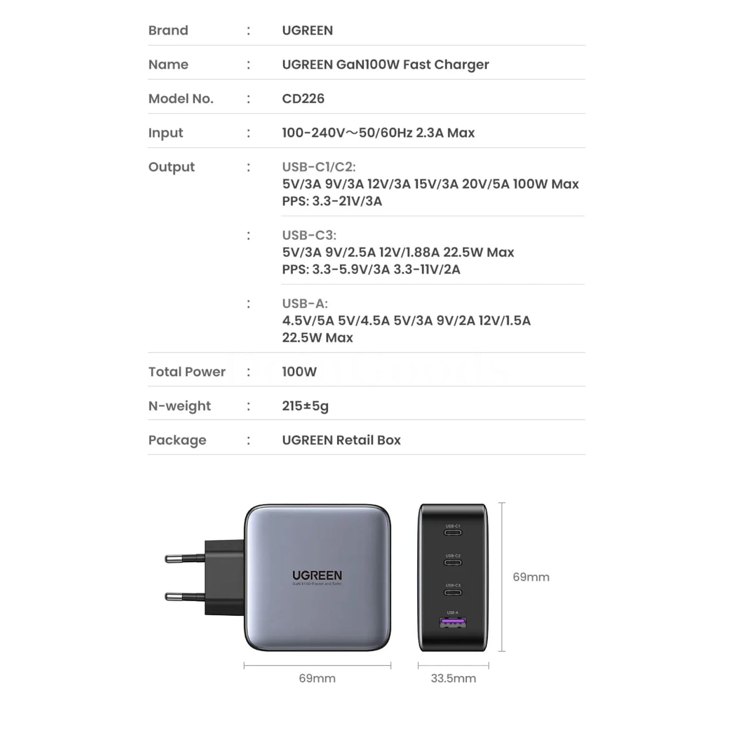 Ugreen 100W Gan Usb Charger Fast Charging Type C Pd Macbook Iphone 15 14 Xiaomi 301635