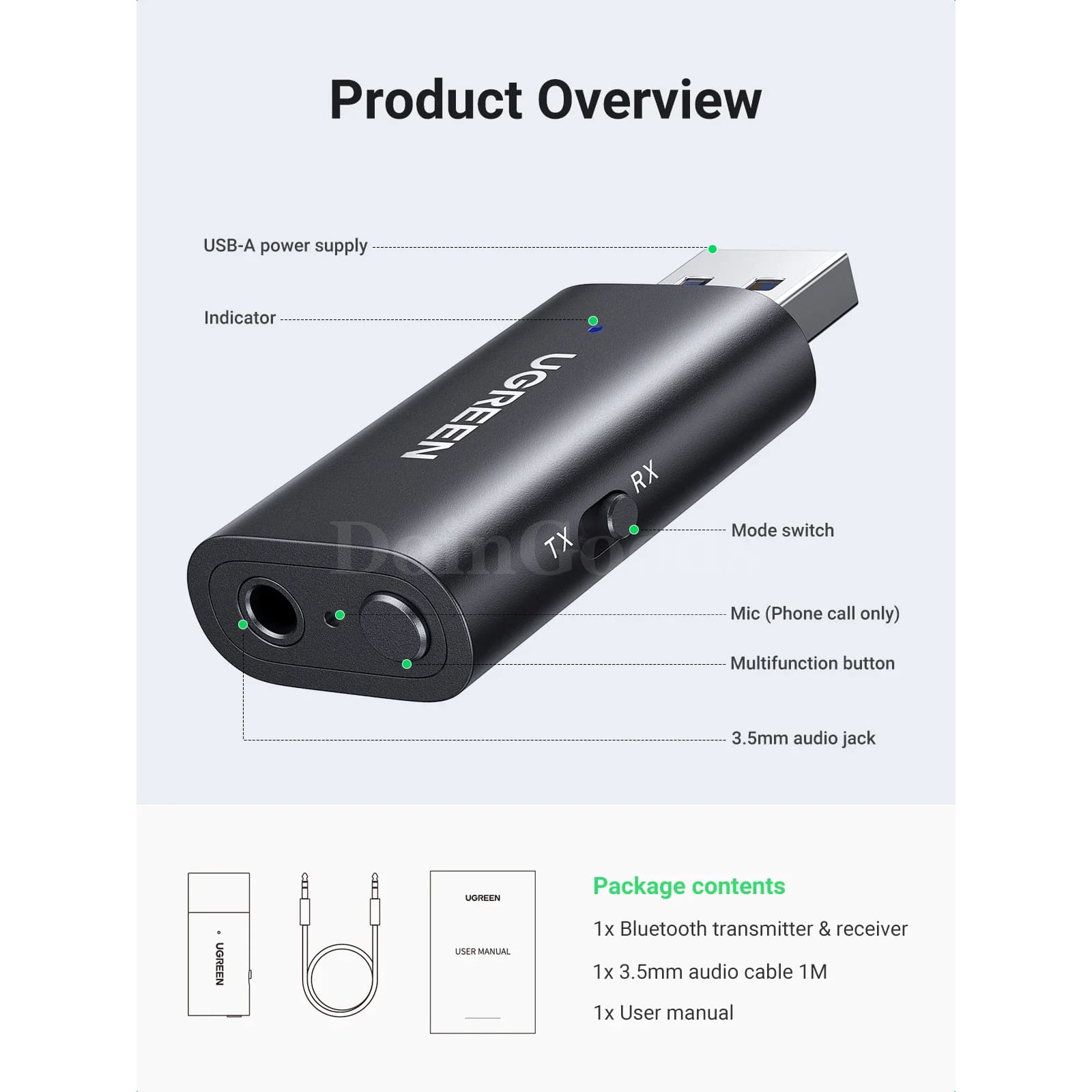 Ugreen 2 In 1 Bluetooth Car Adapter 5.1 Stereo Transmitter Receiver 3.5Mm Aux 301635