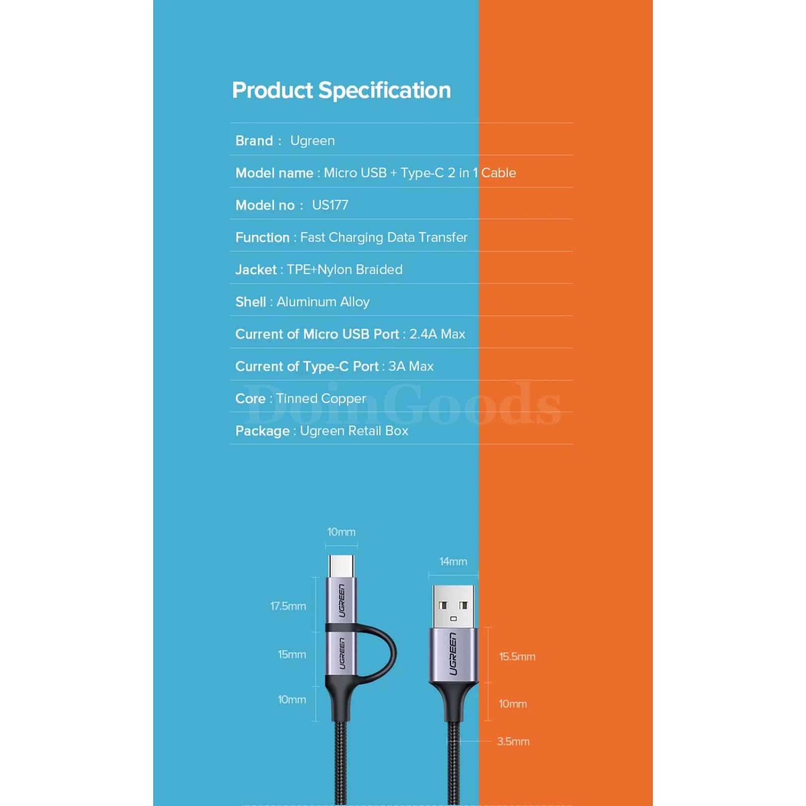 Ugreen 2-In-1 Usb Type C And Micro Cable For Samsung Galaxy S10 S9 - Fast Charging Data Transfer
