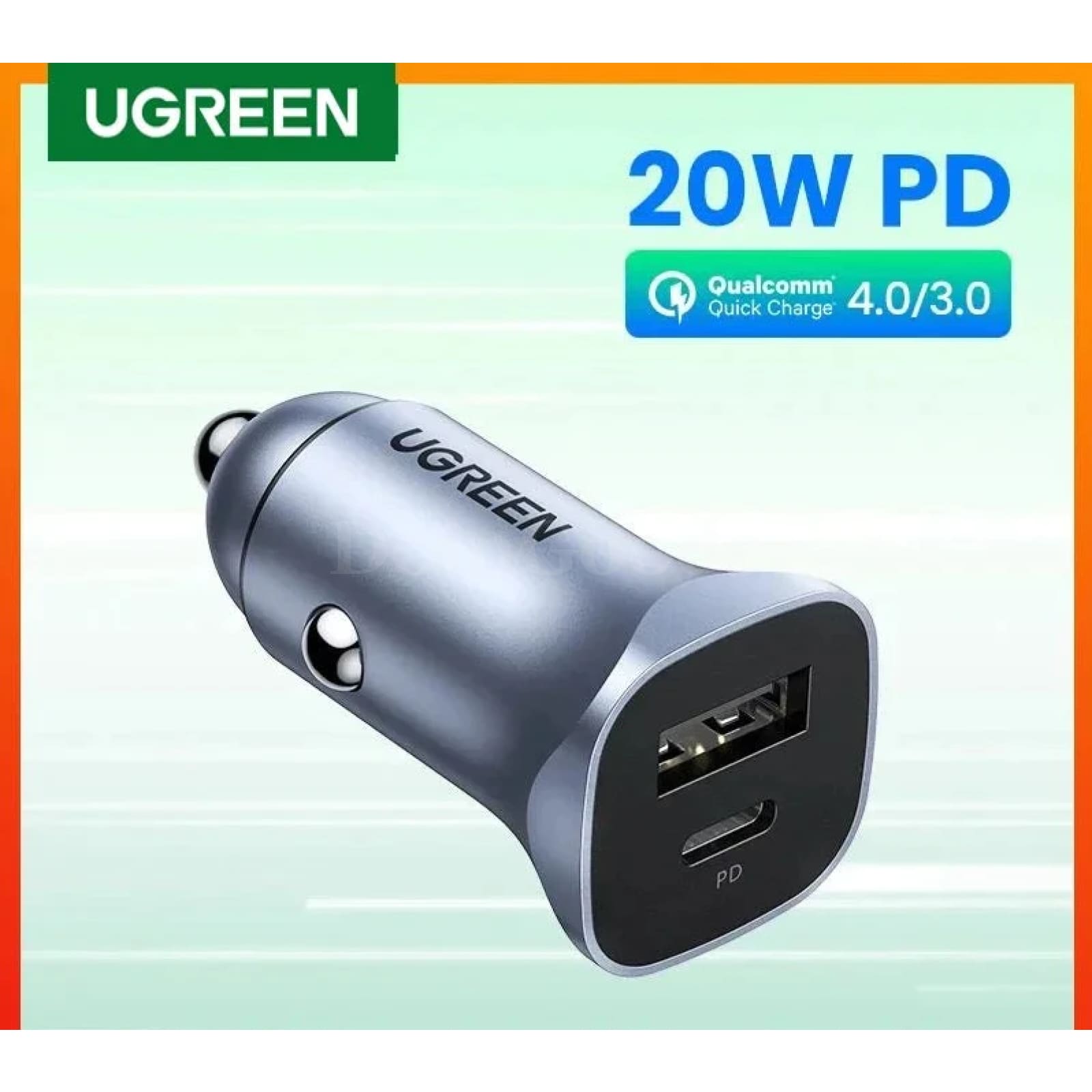 Ugreen 20W Dual Port Car Charger Qc 4.0/3.0 Fast Charge Iphone Xiaomi Huawei 301635