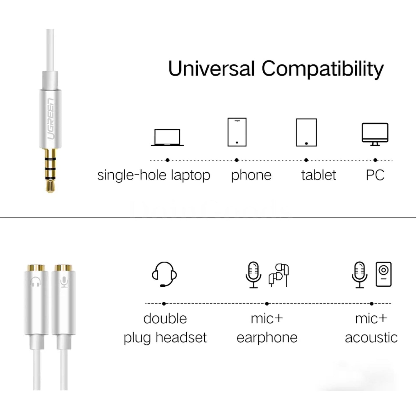 Ugreen 3.5Mm Audio Splitter Cable 1 Male To 2 Female Mic Y Computer Headset Aux 301635