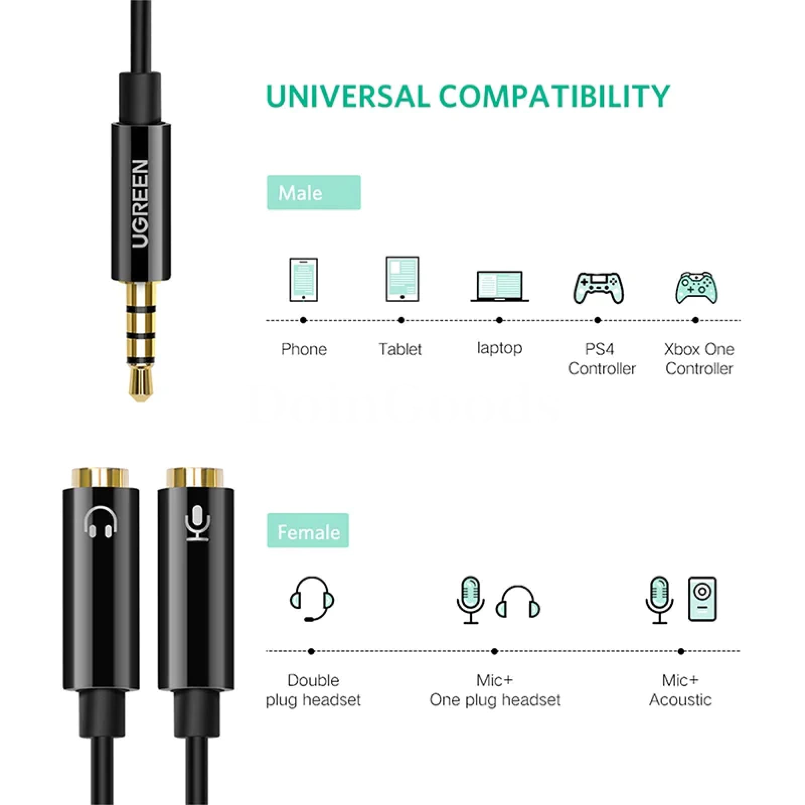 Ugreen 3.5Mm Audio Splitter Cable 1 Male To 2 Female Mic Y Computer Headset Aux 301635