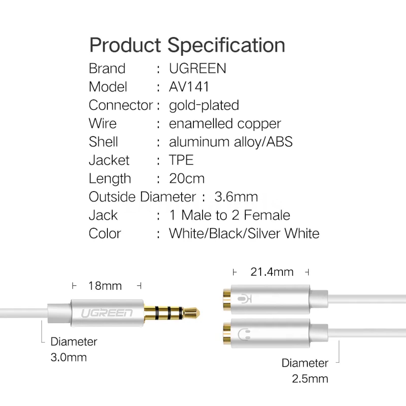 Ugreen 3.5Mm Audio Splitter Cable 1 Male To 2 Female Mic Y Computer Headset Aux 301635