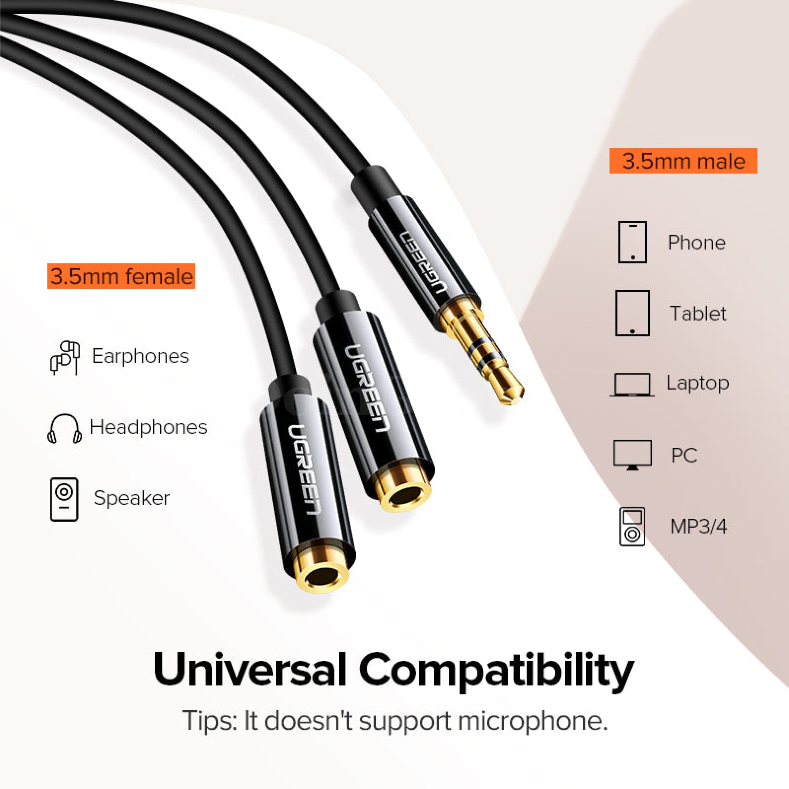 Ugreen 3.5Mm Male To Female Splitter 2 Audio Headphone Y Cable Adapter Aux Plug 301635