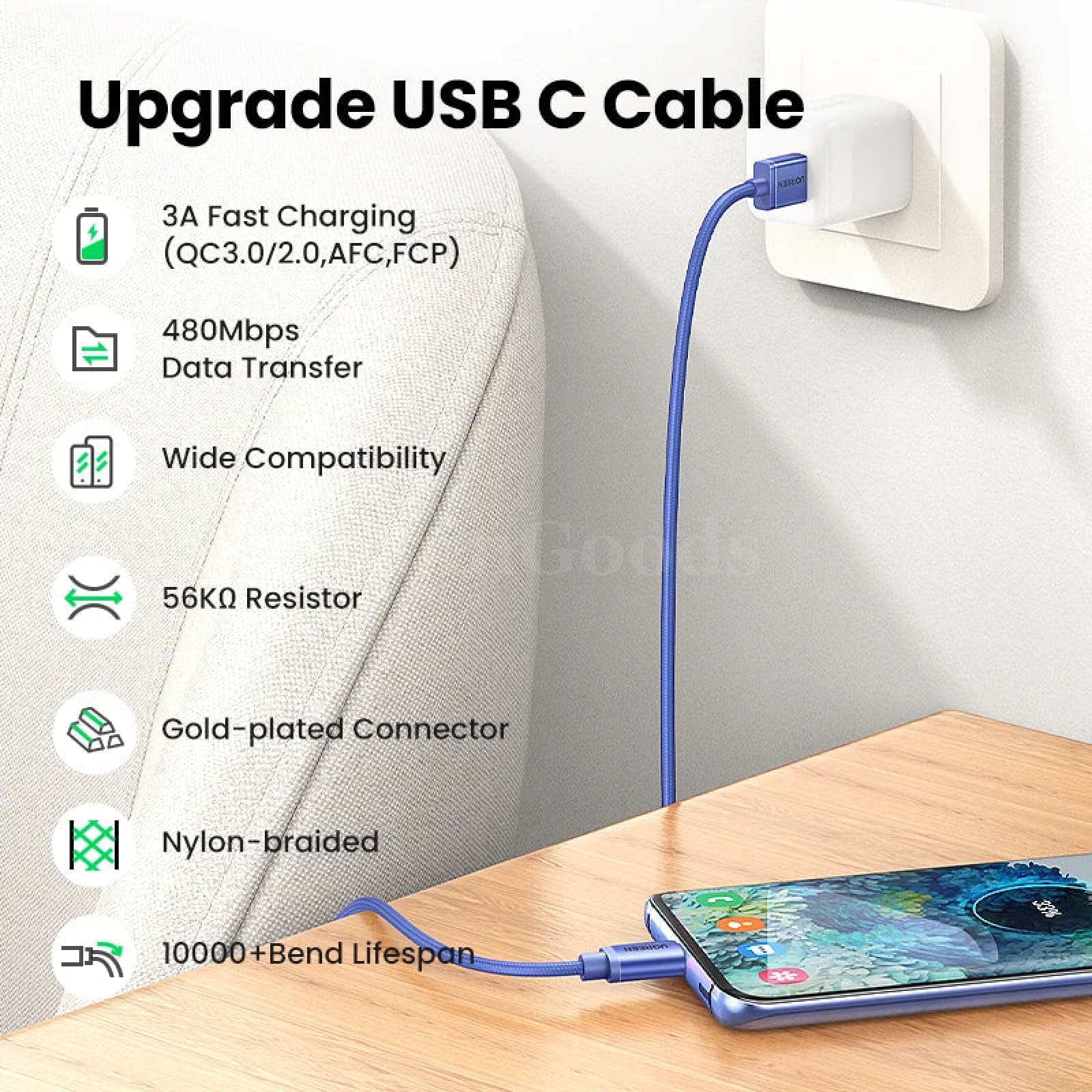 Ugreen 3A Usb C Cable For Samsung S21 Xiaomi Type Charging 301635
