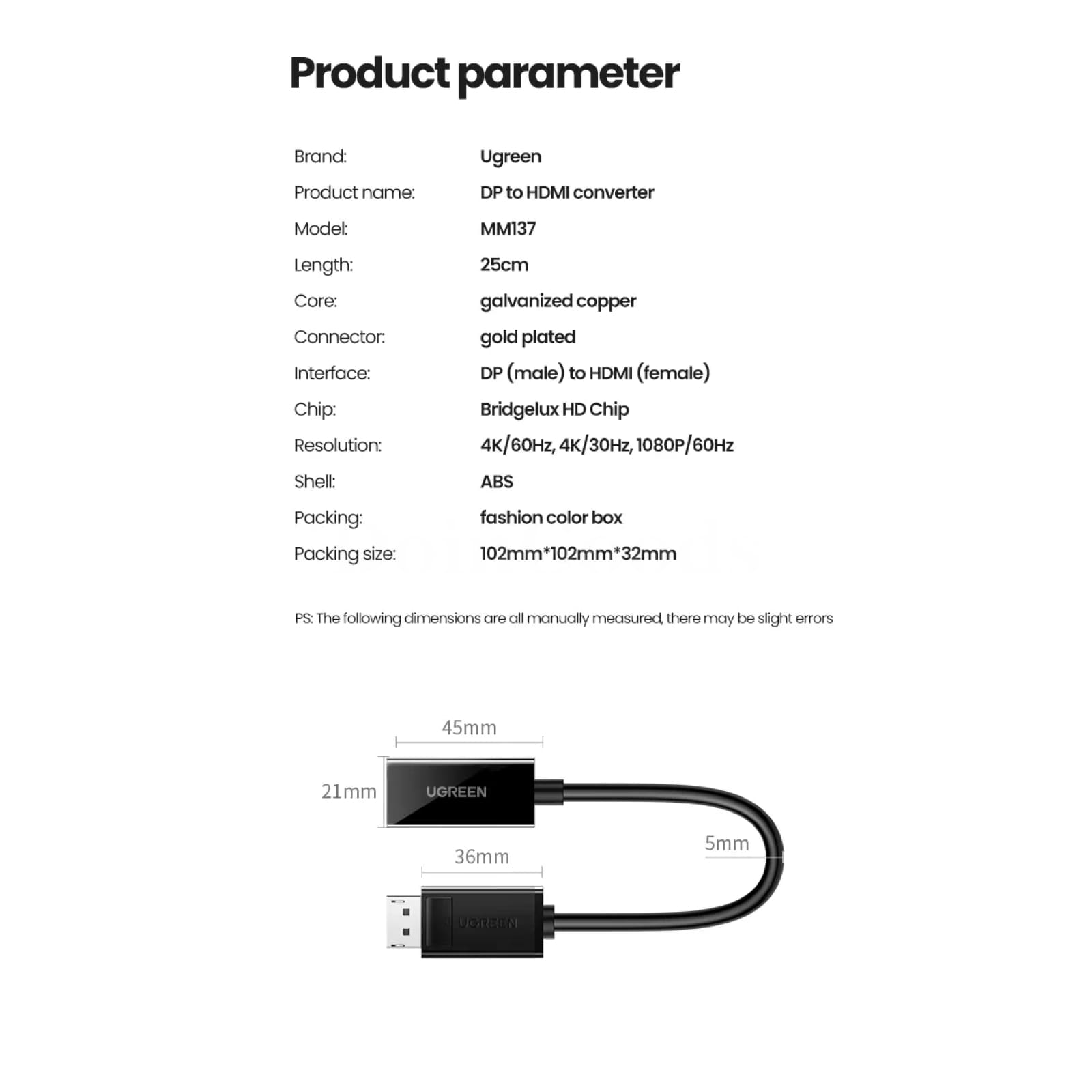 Ugreen 4K Displayport Dp To Hdmi Adapter 1080P Display Port Cable Converter Pc 301635