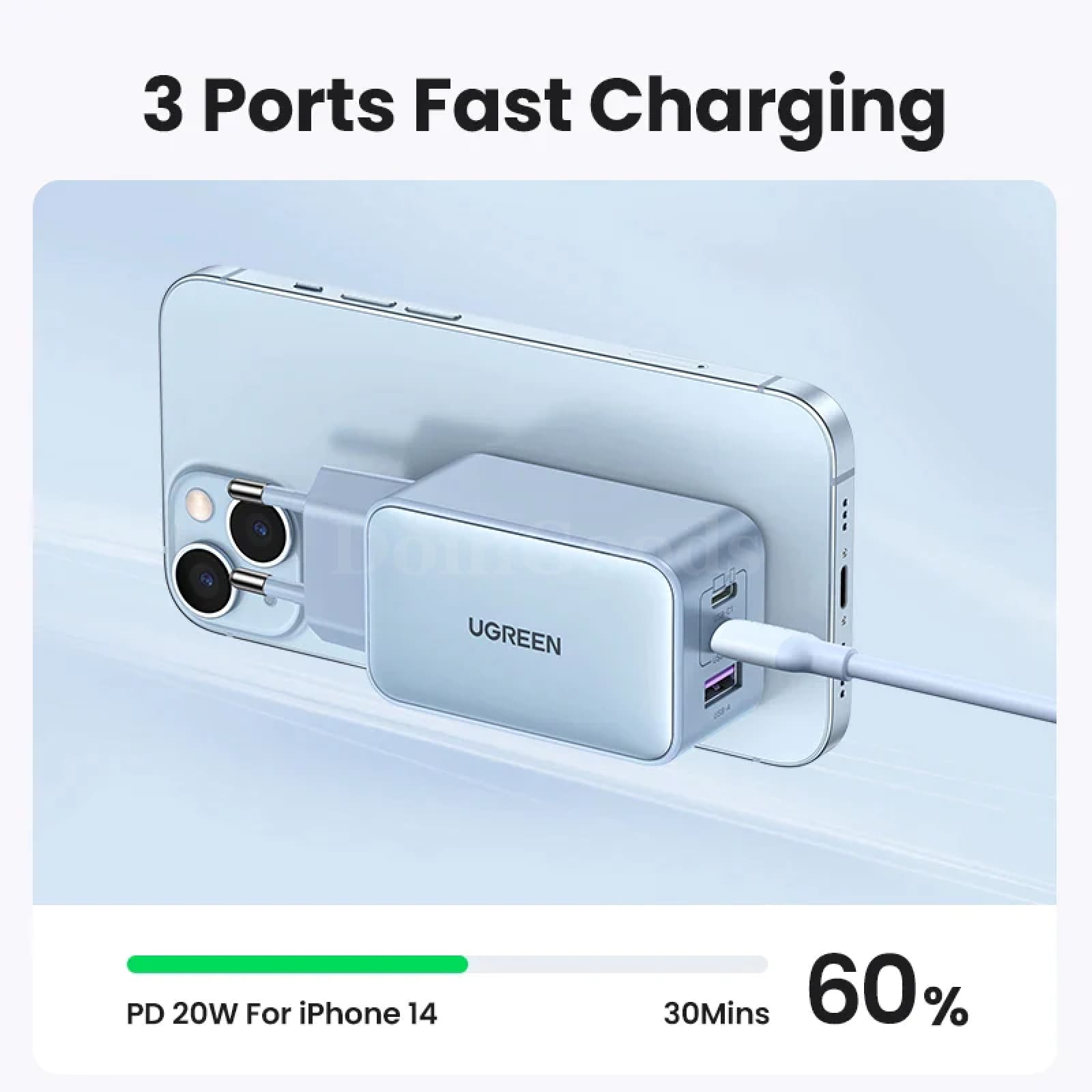 Ugreen 65W Gan Charger Blue Quick Charge Type C Pd Usb For Iphone 14 13 Pro Max 301635