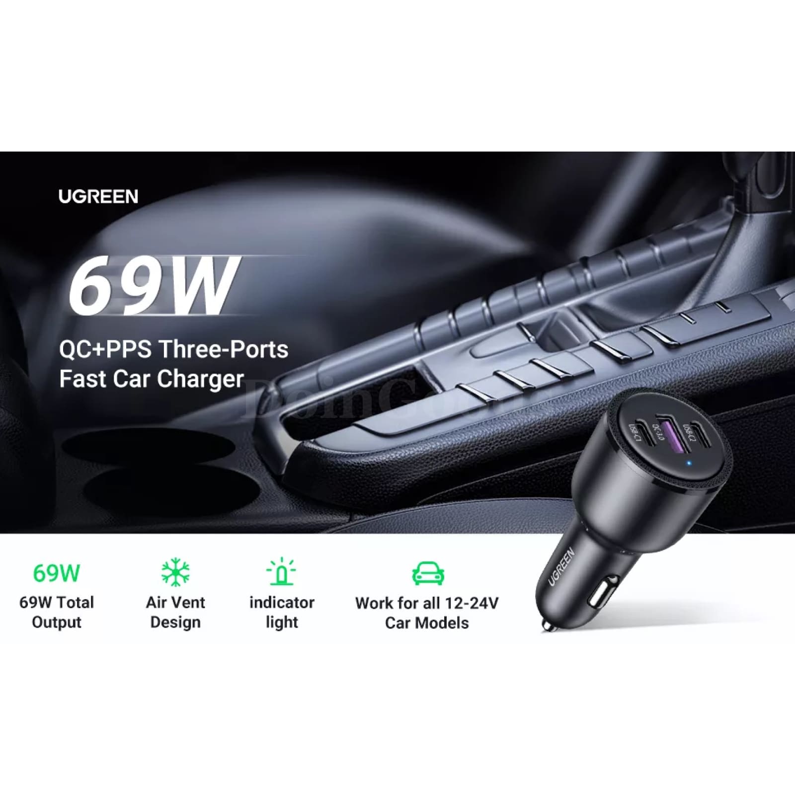 Ugreen 69W Car Charger Dual Port Usb C Pd Qc 4.0/3.0 Fast Iphone 15 14 Samsung 301635