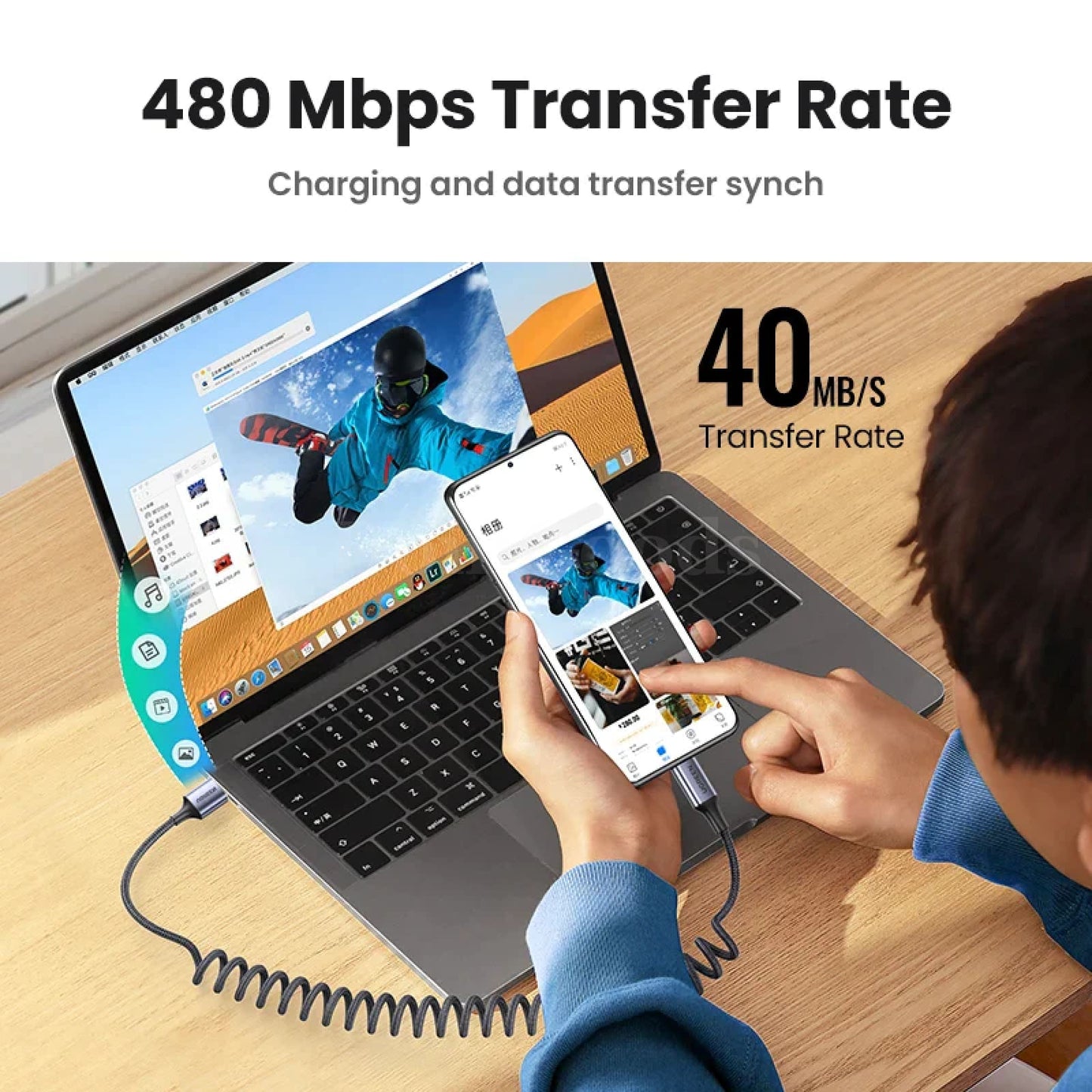Ugreen 6A 100W Usb Type C Cable Spring Pull Telescopic For Huawei Honor Xiaomi 301635