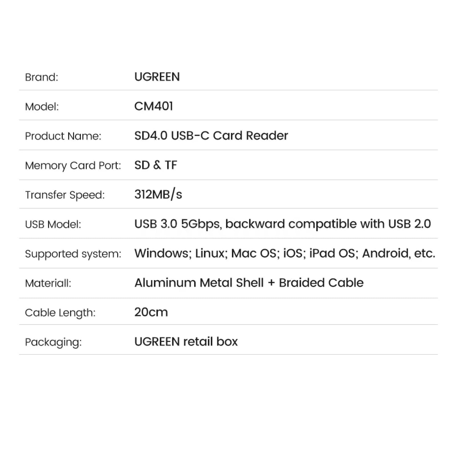 Ugreen Card Reader Sd4.0 312Mb/S Usb-C To Sd Microsd Tf Adapter Laptop Phone Mac 301635